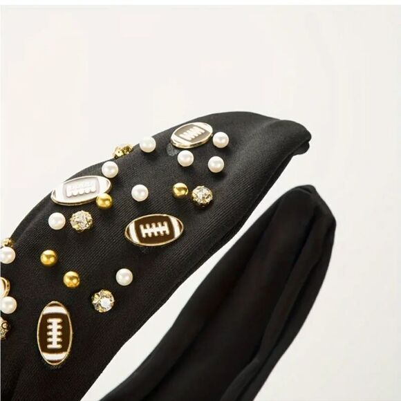 FOOTBALL SPIRIT WIDE BLACK JEWELED HEADBAND - Picture 7 of 9